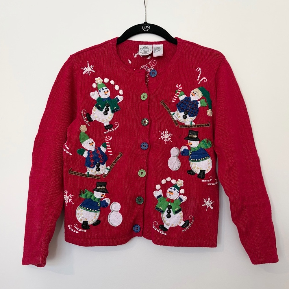 Vintage Kids Christmas Sweater Snowman Red Size 12/14